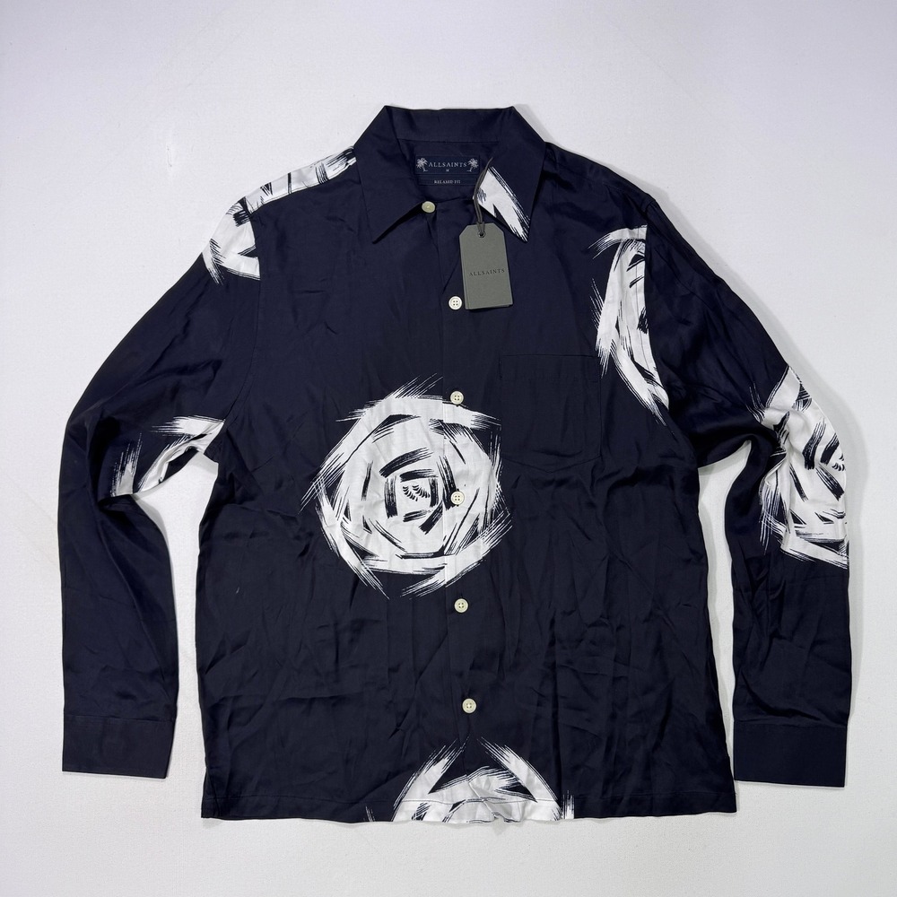 AllSaints Rose Galaxy LS Shirt Mens Medium Black Relaxed Fit Viscose Button NWT